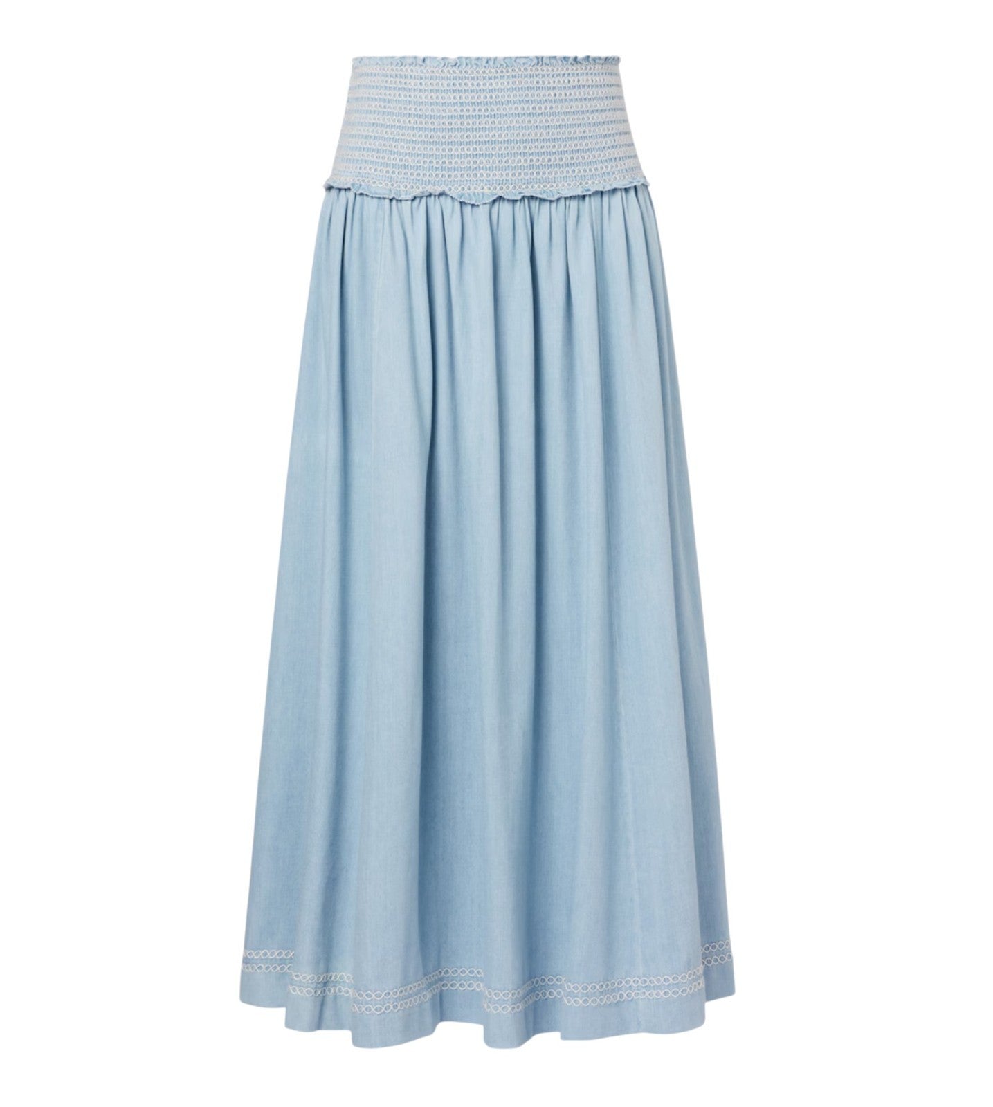 Zimmermann Ascension Shirred Denim Midi Skirt | Light Blue, Stretch, High Waist