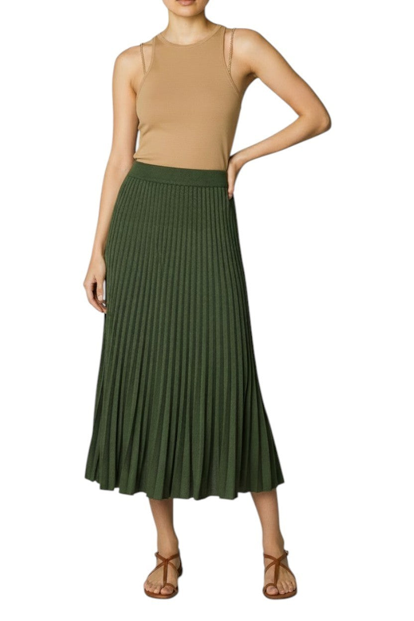Zimmermann Pleated Rib Midi Skirt | Stretch, Knit, Dark Green, Elasticated Waist