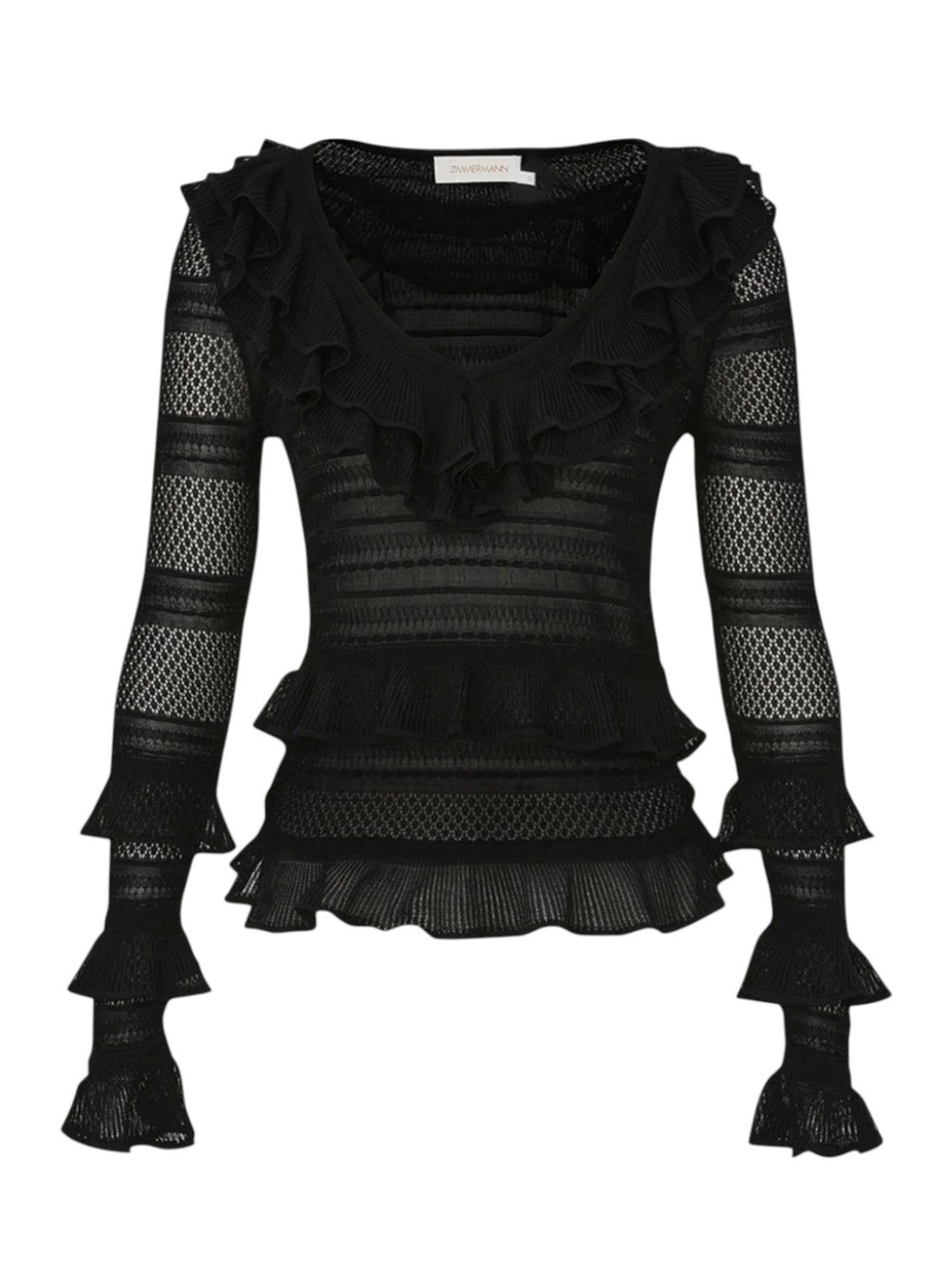 Zimmermann Crush Frilled V Neck Top |  Black, Long Sleeves, Sheer, Ruffles
