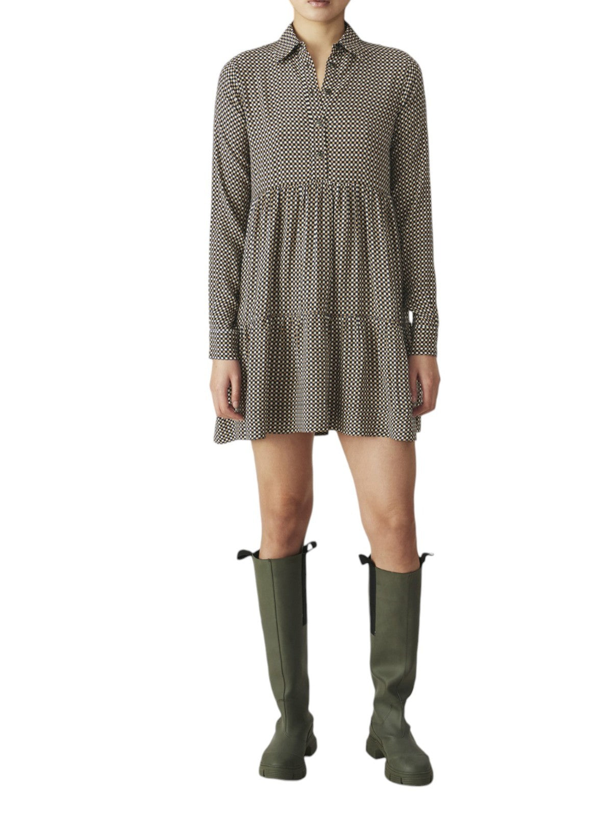 GANNI Relaxed Shift Mini Dress | Checkered, Collar, Button Placket, Cuffs, Flare