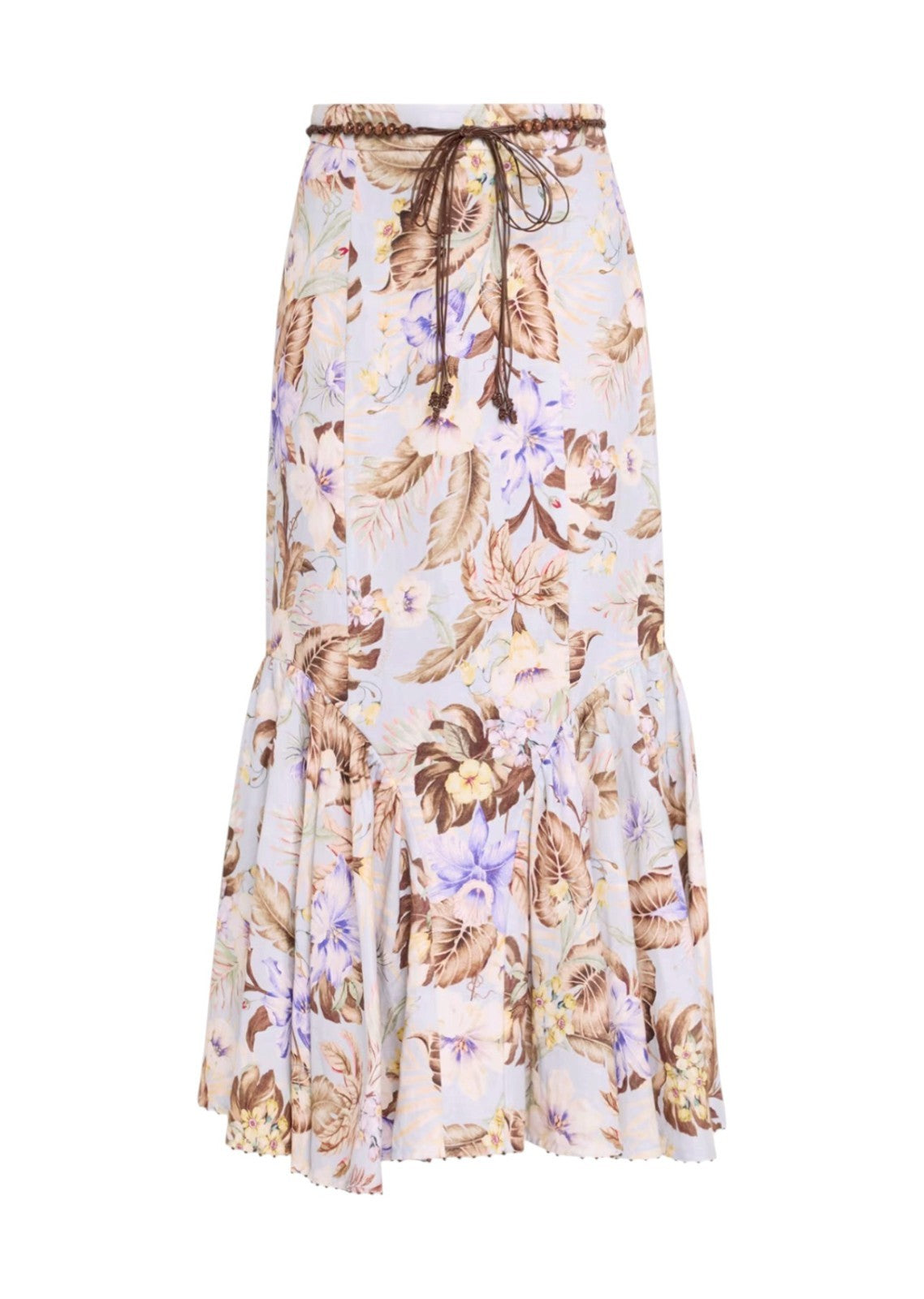 Zimmermann Coco Fit + Flare Midi Skirt | Powder Blue/Brown Floral, Belt, Linen