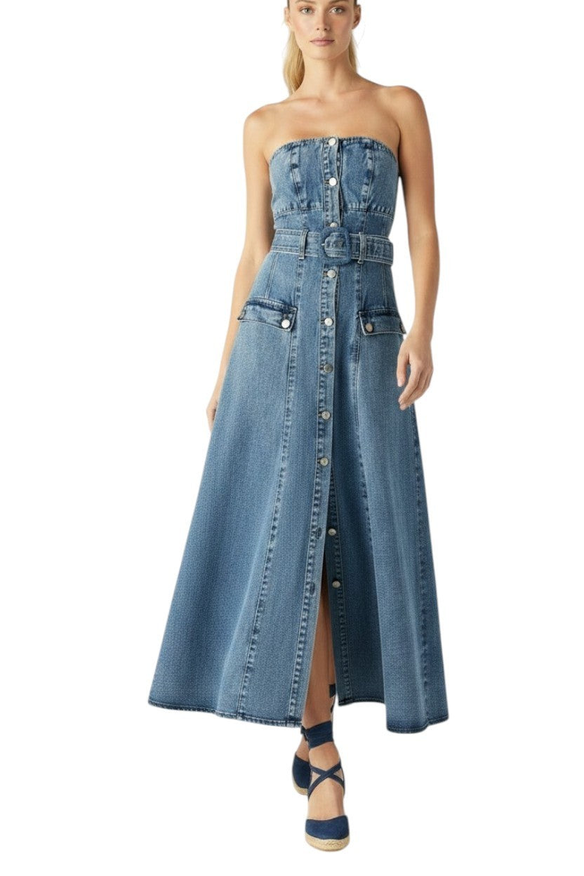 Mos The Label Aveline Denim Midi Dress | Strapless, Sz 8, Belt, Buttons
