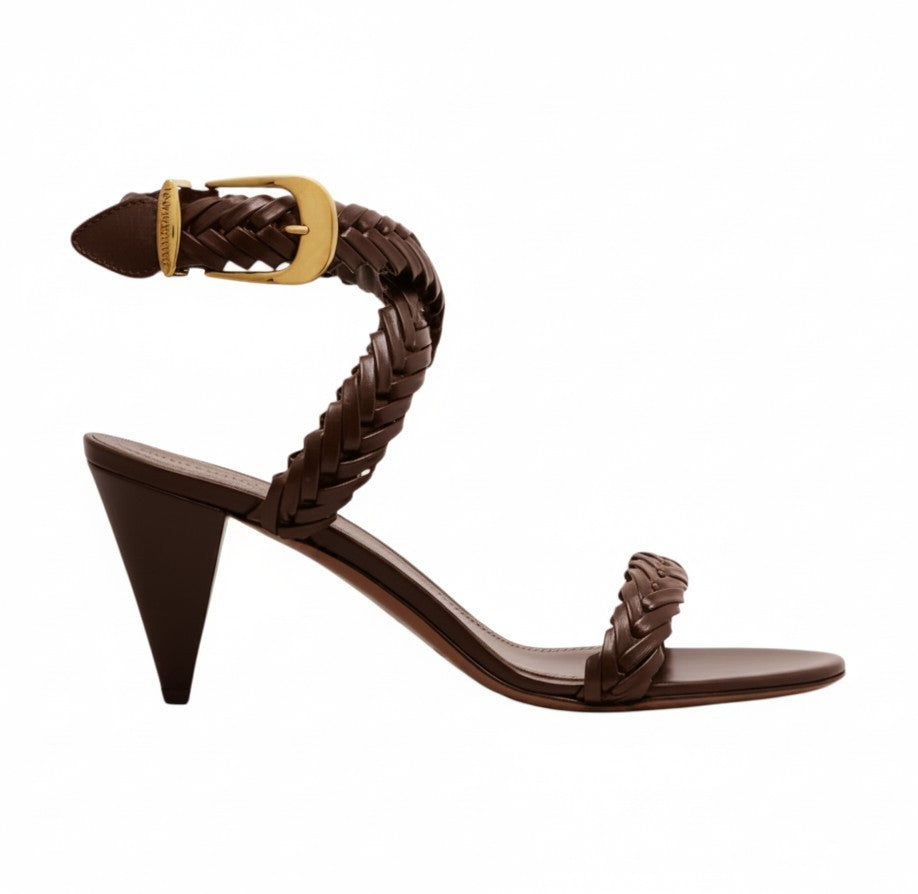 Zimmermann Helix Sandal 75 | Choc Brown,Leather, Braided, Stiletto, Ankle Strap