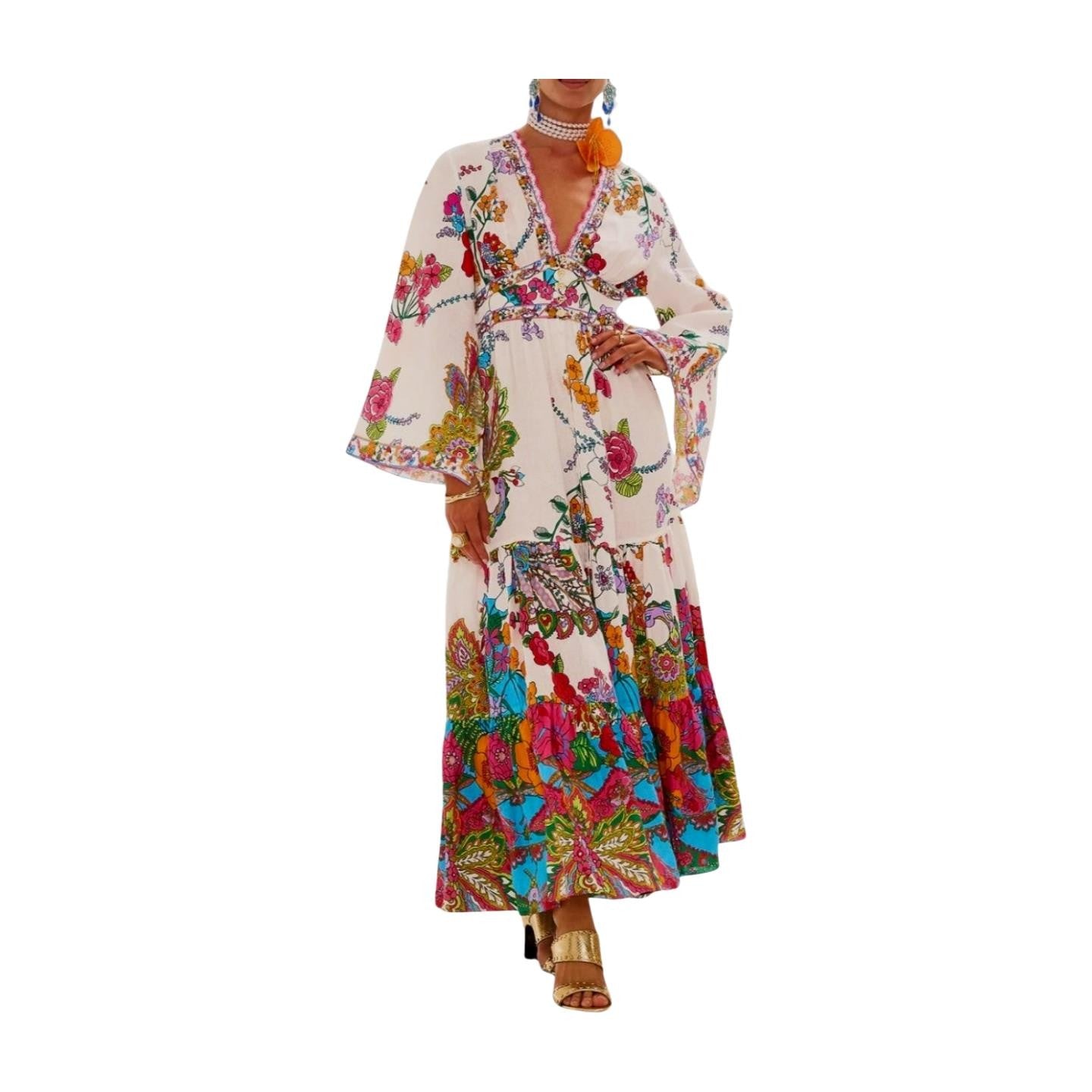 Camilla Dress w/ tiered skirt | Cosmic Prairie Floral, Maxi, White, Hand Made