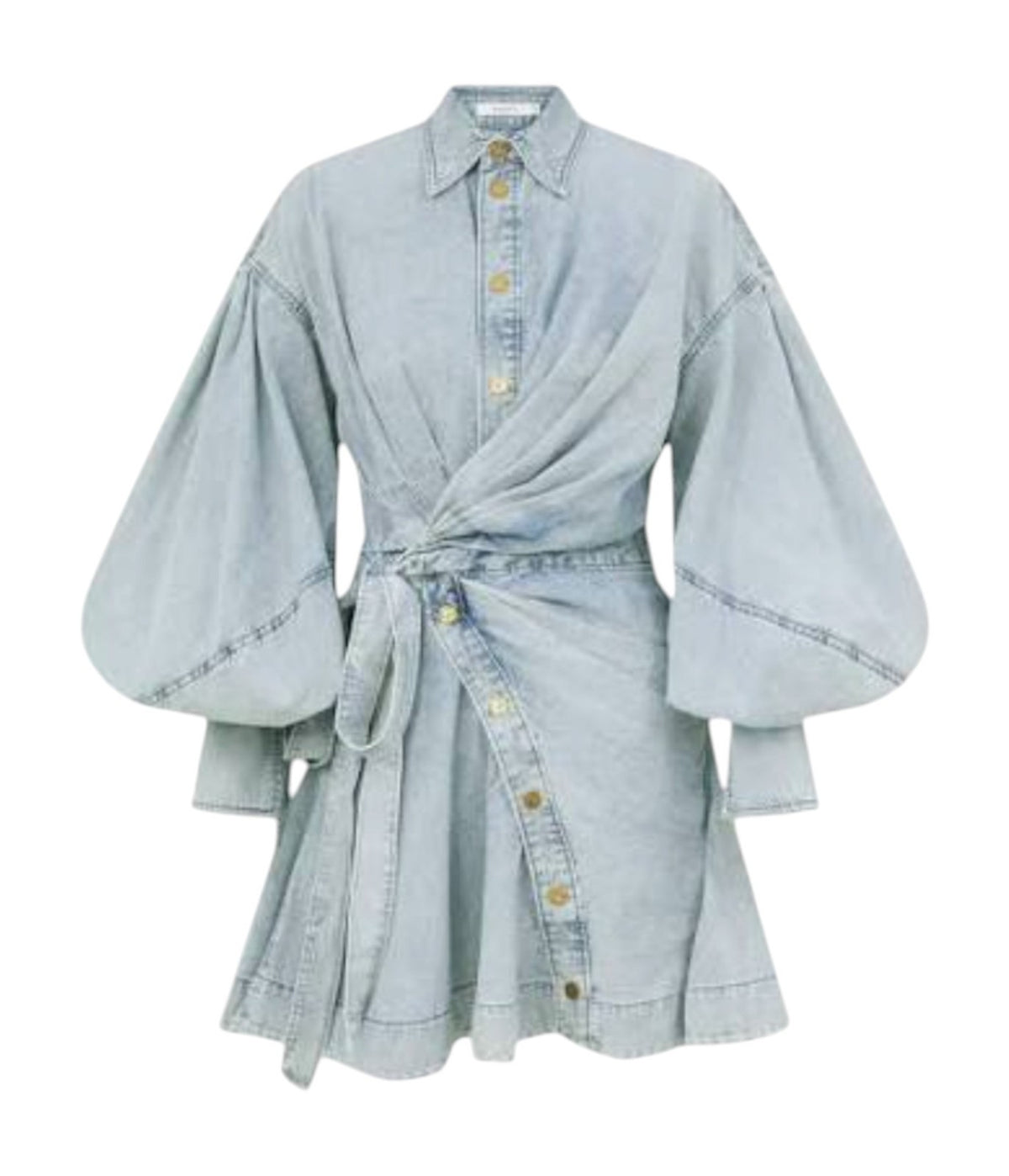 Zimmermann Rebellion Denim Wrap Mini | Light Blue, Puff Sleeves, Collar, Buttons