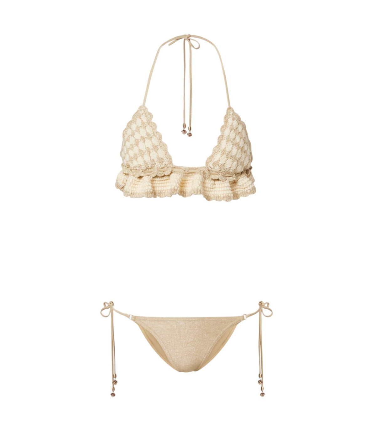 Zimmermann Wanderlust Crochet Tri Bikini |Hand-made, Metallic Gold/Cream, Ruffle