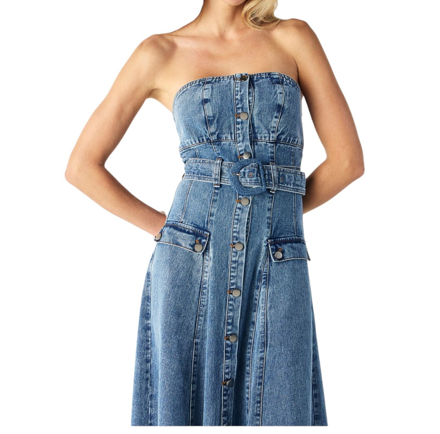 Mos The Label Aveline Denim Midi Dress | Strapless, Sz 8, Belt, Buttons
