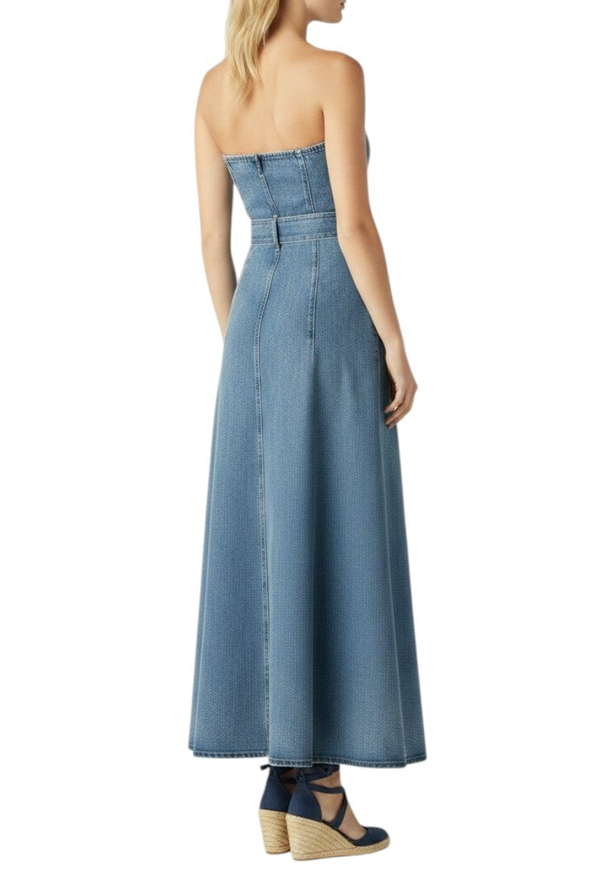 Mos The Label Aveline Denim Midi Dress | Strapless, Sz 8, Belt, Buttons