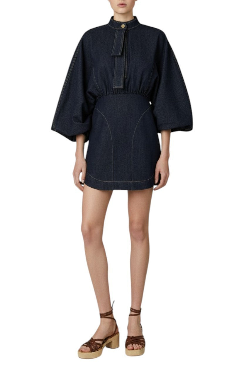 Zimmermann Denim Gathered Mini Dress| Dark Navy Blue, Puff Sleeves, Button Up