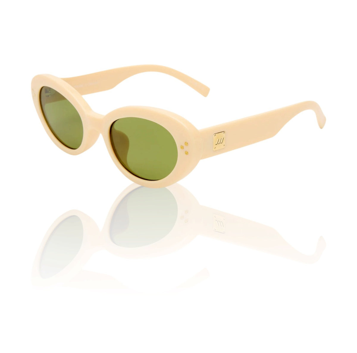 Le Specs Tootsie Sunglasses | Off White/Cream Acetate, Green Mono Lens, Cat Eye