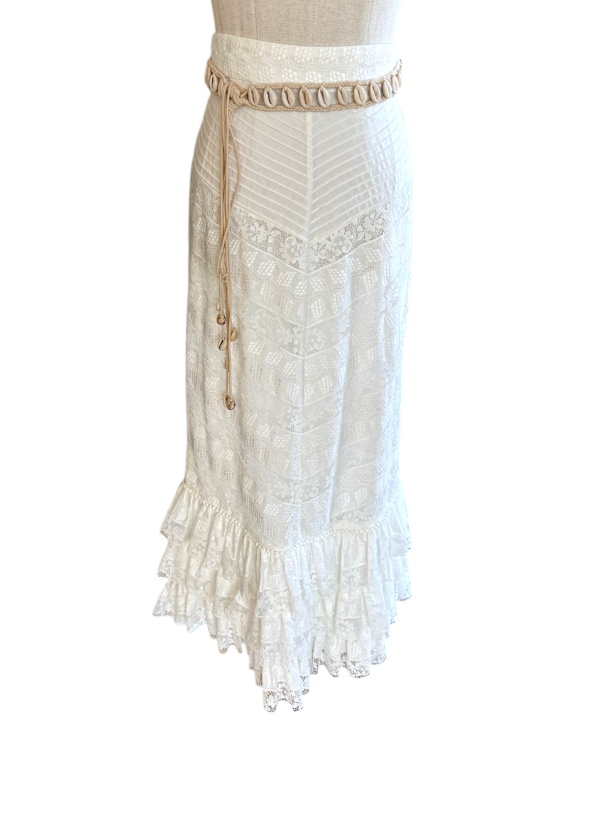 Zimmermann Veneto Perennial Lace Midi Skirt | White, Tiers, Belt, High Waist