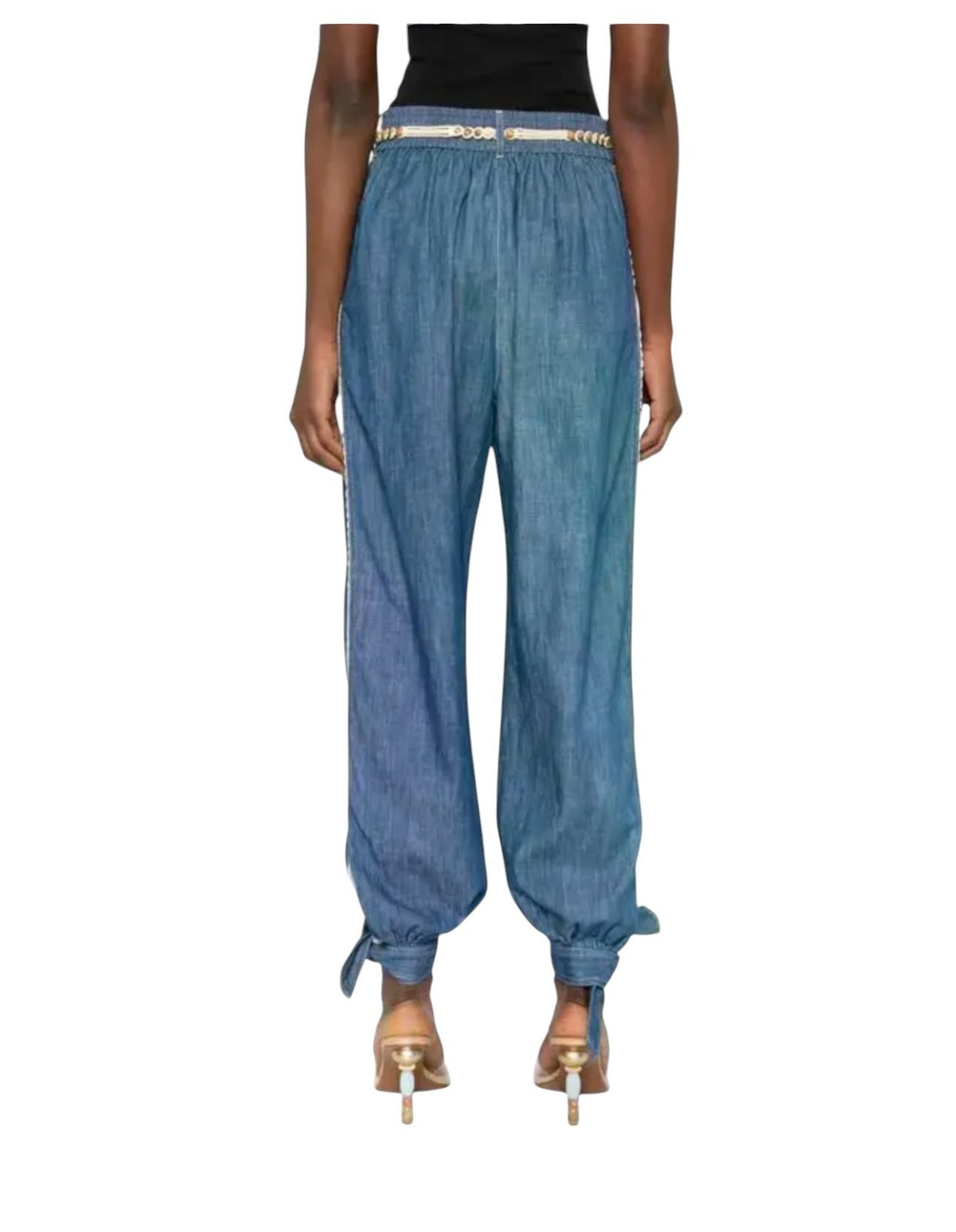 Zimmermann Awaken Denim Harem Pant | Lace Trim, Blue, Elastic Waist, Ankle Tie