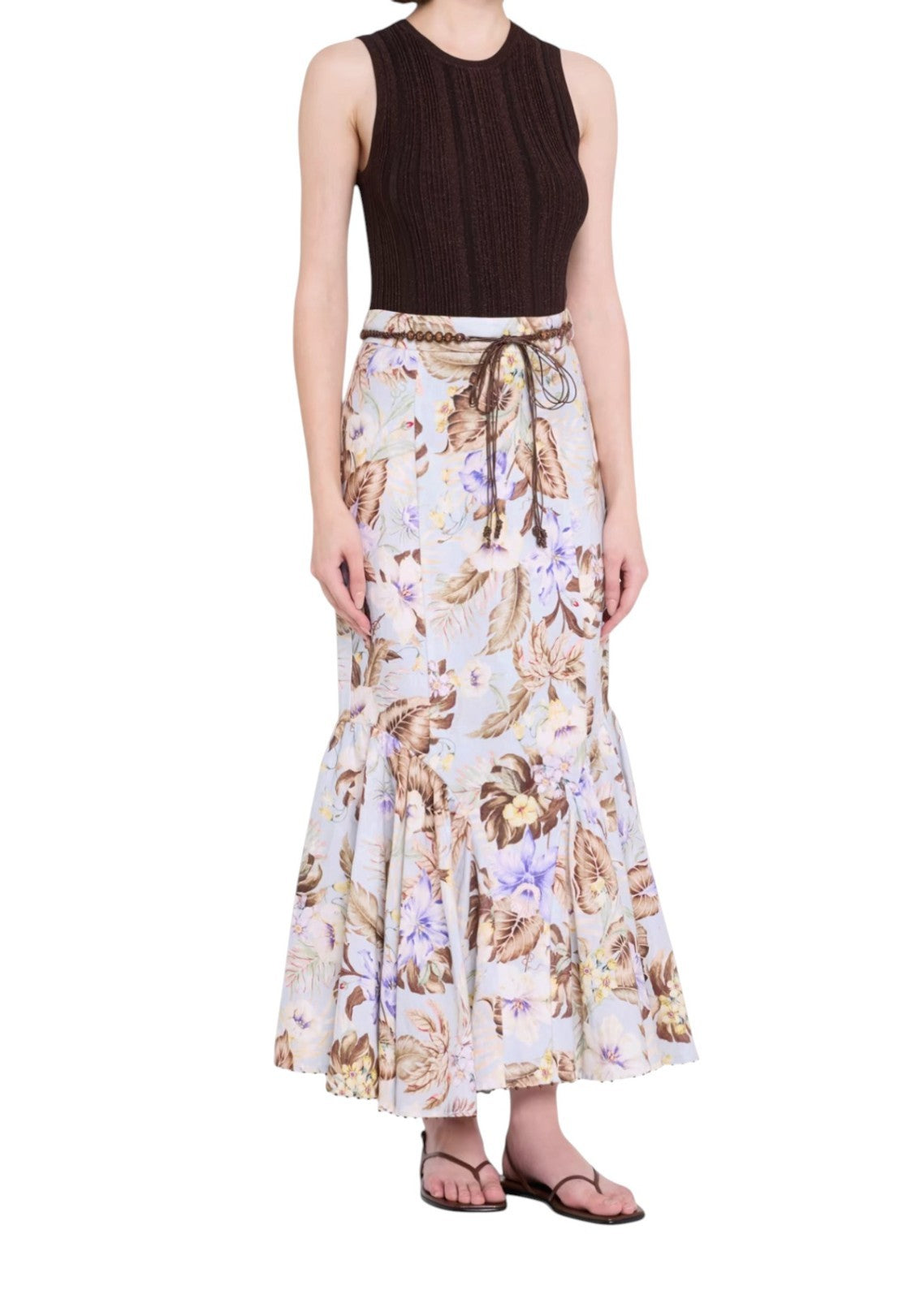 Zimmermann Coco Fit + Flare Midi Skirt | Powder Blue/Brown Floral, Belt, Linen