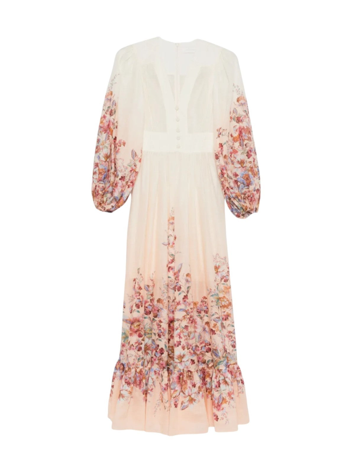 Zimmermann Awaken Plunge Maxi Dress | Ivory/White Floral, Puff Sleeves, Buttons