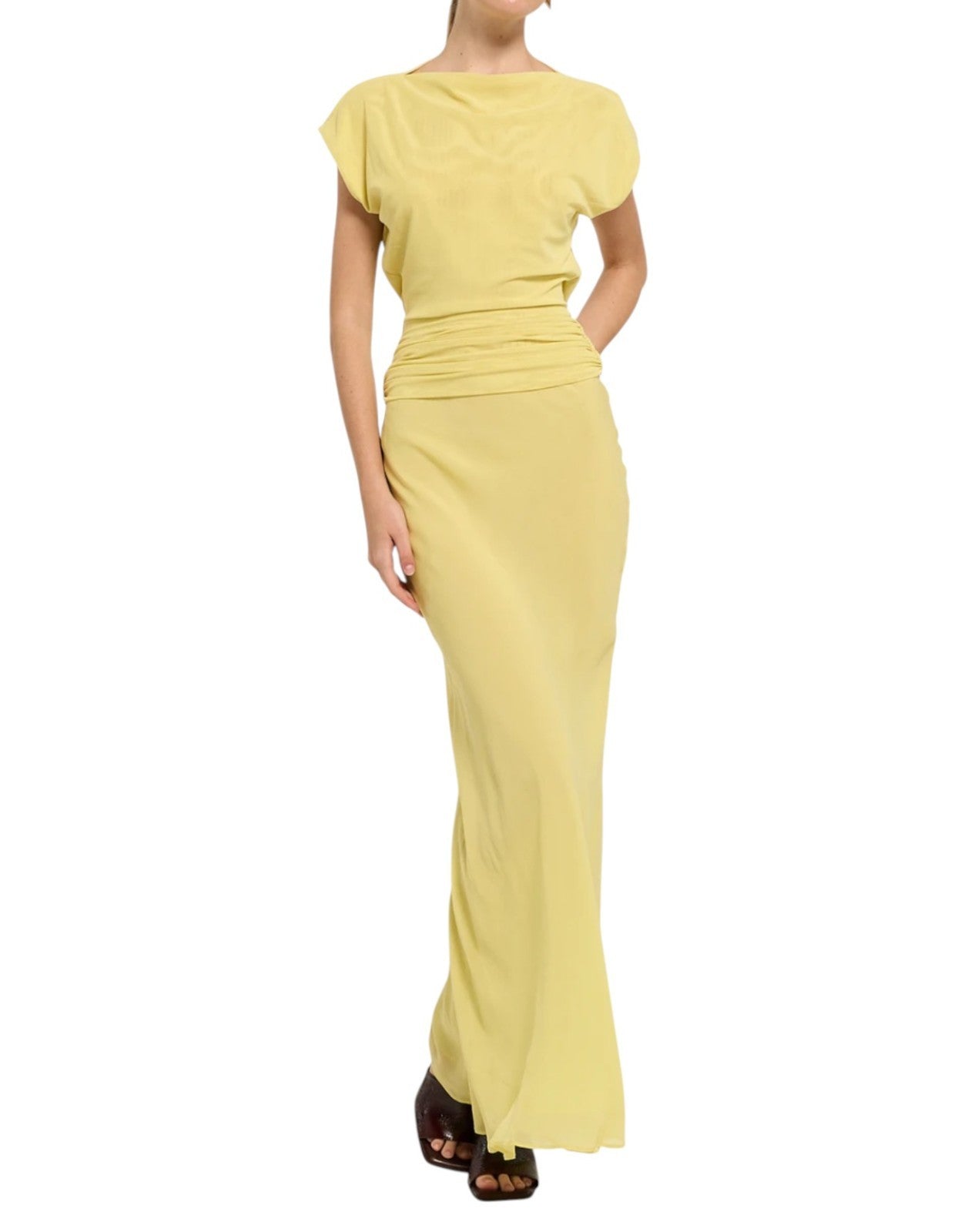 BEC + BRIDGE Jehnaya Asymmetric Maxi Dress | Sz 8, Yellow, Mesh, Cowl, Backless