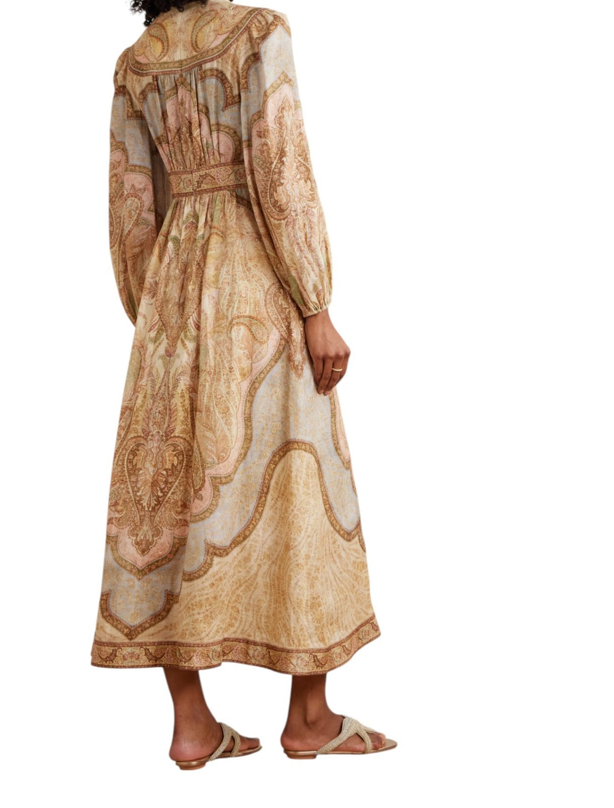 Zimmermann Wanderlust Plunge Midi Dress | Tapestry Print, Puff Sleeves, V Neck