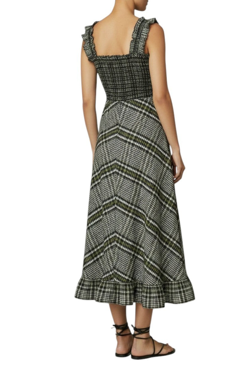 GANNI Seersucker Midi Dress | Sz 38, Gingham/Checkered, Wide Strap, Shirred
