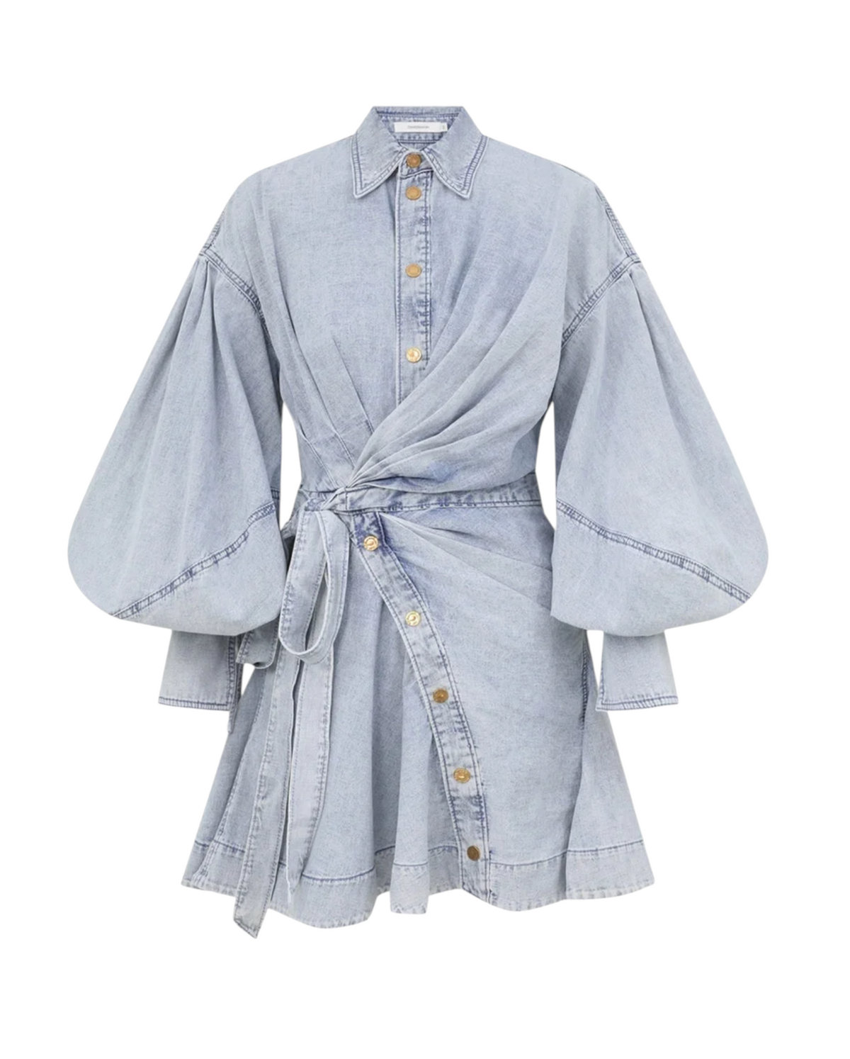 Zimmermann Rebellion Denim Wrap Mini | Light Blue, Puff Sleeves, Collar, Buttons