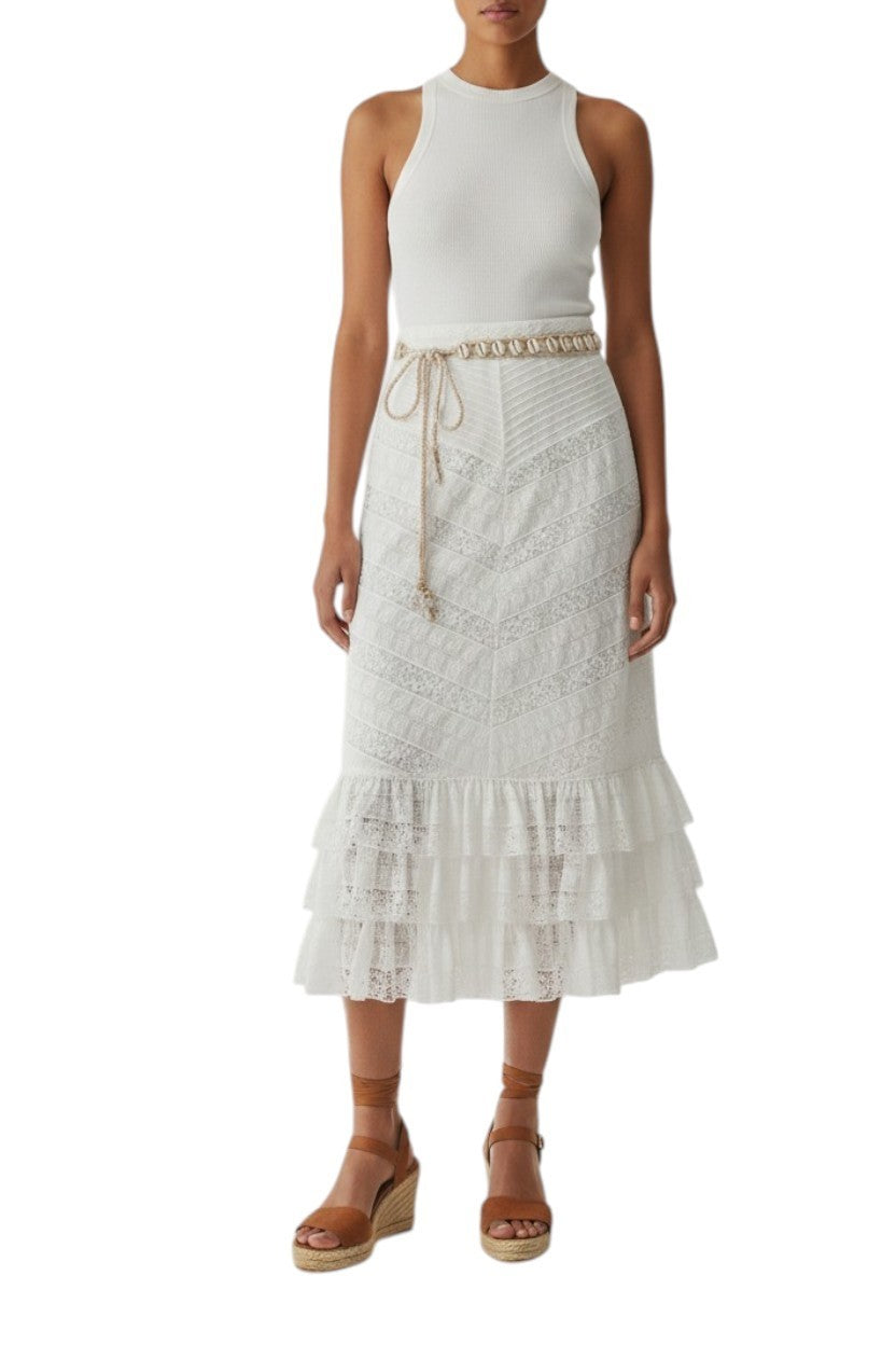 Zimmermann Veneto Perennial Lace Midi Skirt | White, Tiers, Belt, High Waist