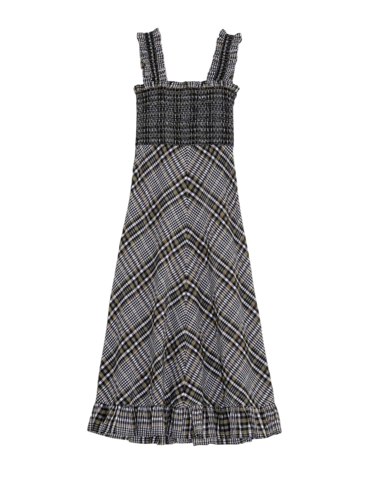 GANNI Seersucker Midi Dress | Sz 38, Gingham/Checkered, Wide Strap, Shirred
