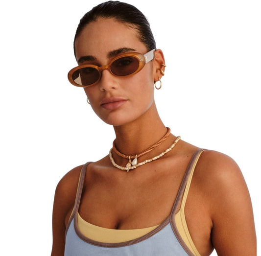 Le Specs Work It Sunglasses | Small Oval, Gold/Pearl, Brown Lenses, Eco Friendly