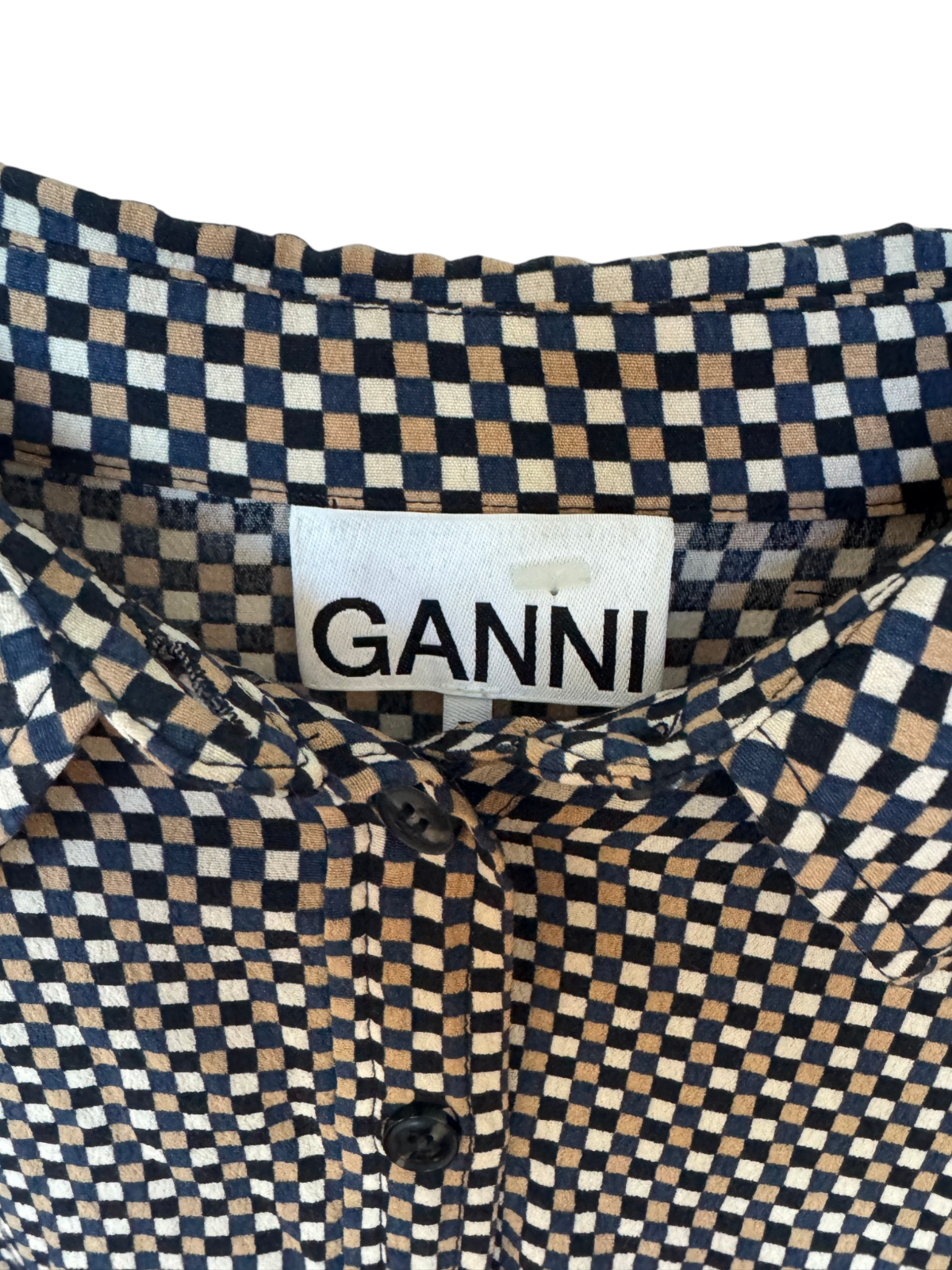 GANNI Relaxed Shift Mini Dress | Checkered, Collar, Button Placket, Cuffs, Flare