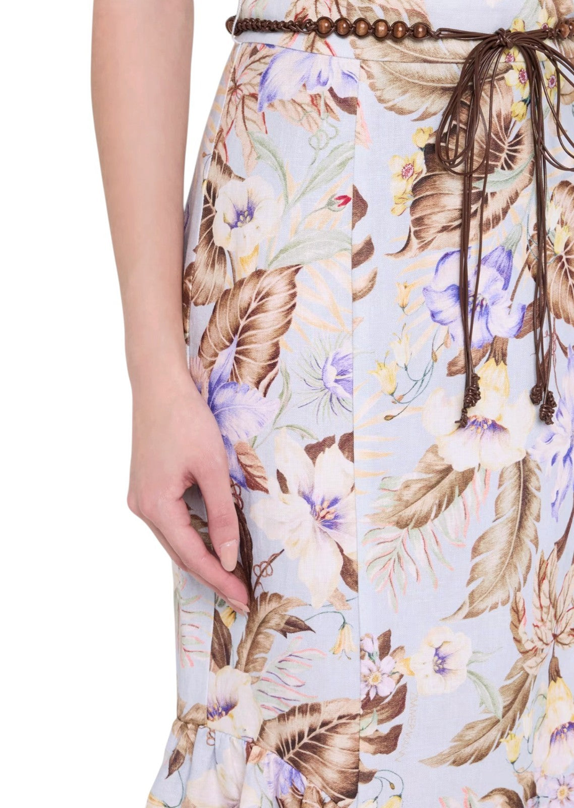 Zimmermann Coco Fit + Flare Midi Skirt | Powder Blue/Brown Floral, Belt, Linen