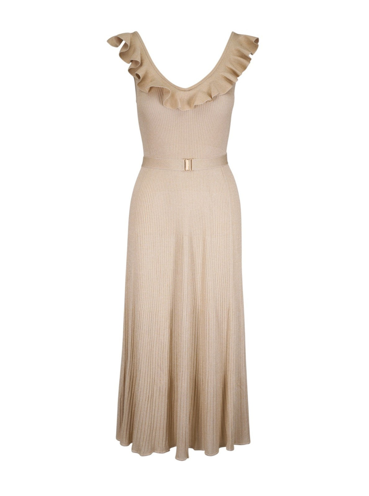 Zimmermann Awaken Metallic Midi Dress| Gold/Beige, Knitted, Midi, Belted, Lurex