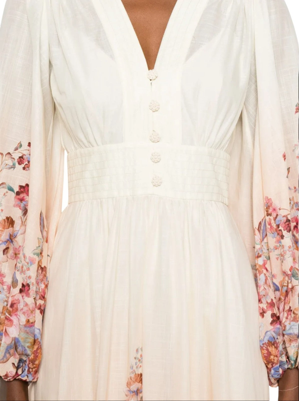 Zimmermann Awaken Plunge Maxi Dress | Ivory/White Floral, Puff Sleeves, Buttons