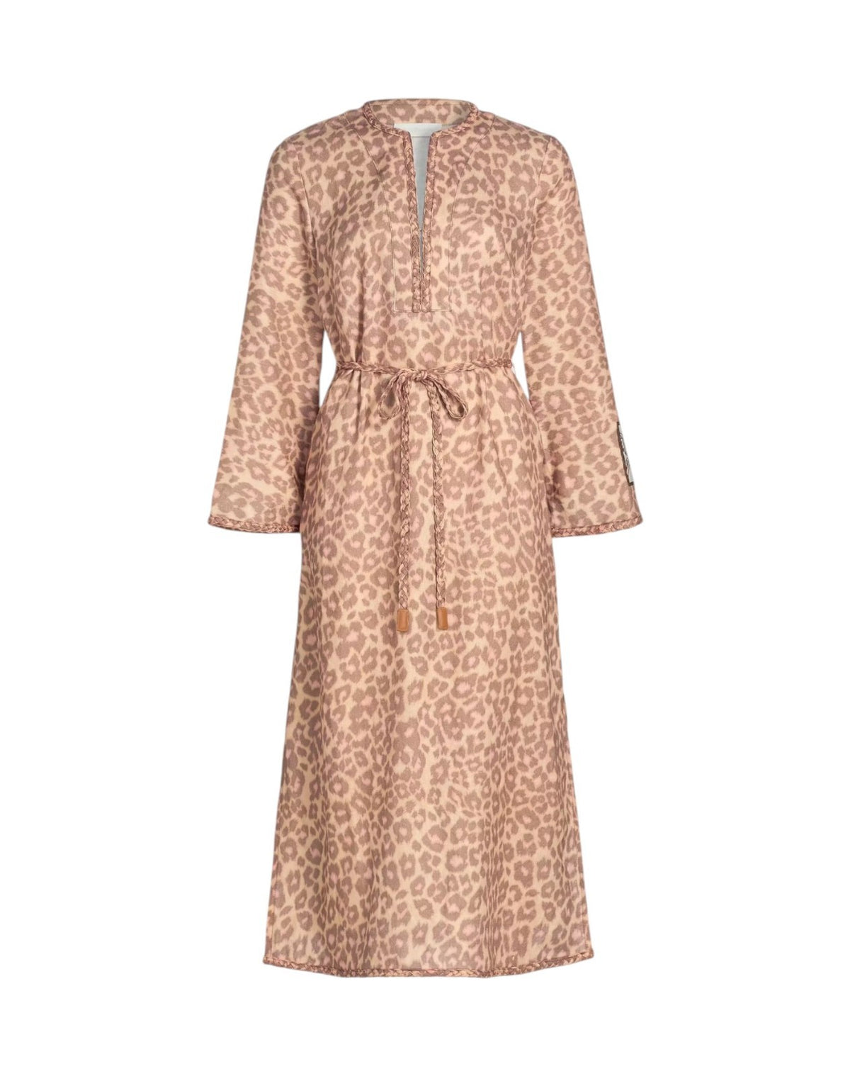 Zimmermann Awaken Braid Trim Midi Dress | Tan Leopard, Linen, Belt, Side Slits