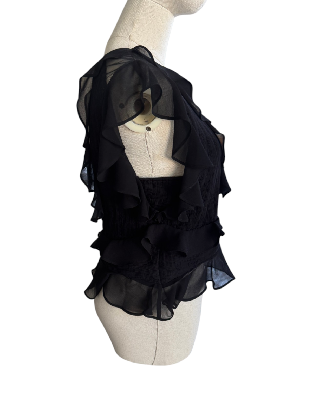 Shakuhachi Black Mesh Frill Top | Sz 10, Sheer Mesh Inserts, Stretch, Ruffles
