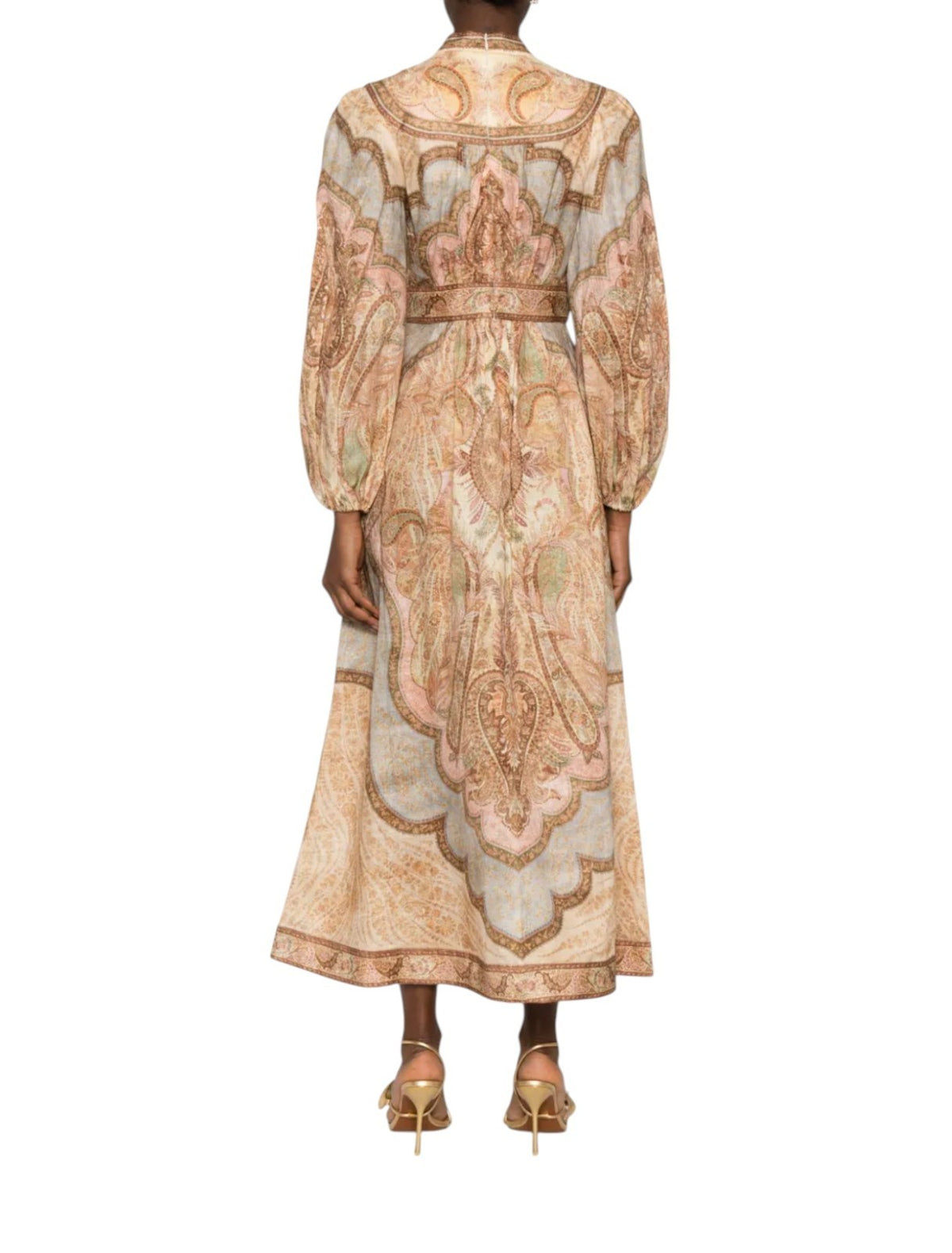 Zimmermann Wanderlust Plunge Midi Dress | Tapestry Print, Puff Sleeves, V Neck