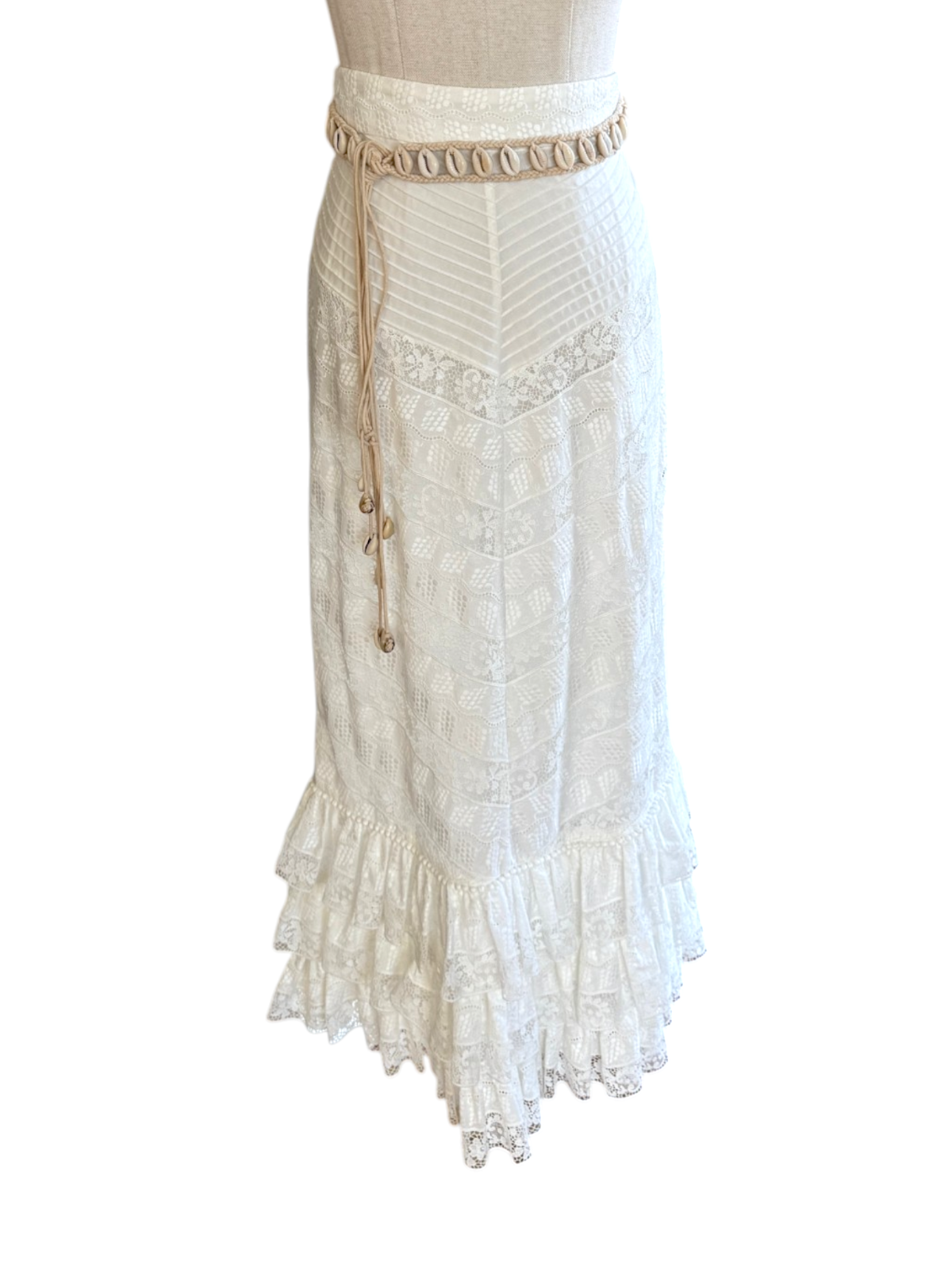 Zimmermann Veneto Perennial Lace Midi Skirt | White, Tiers, Belt, High Waist