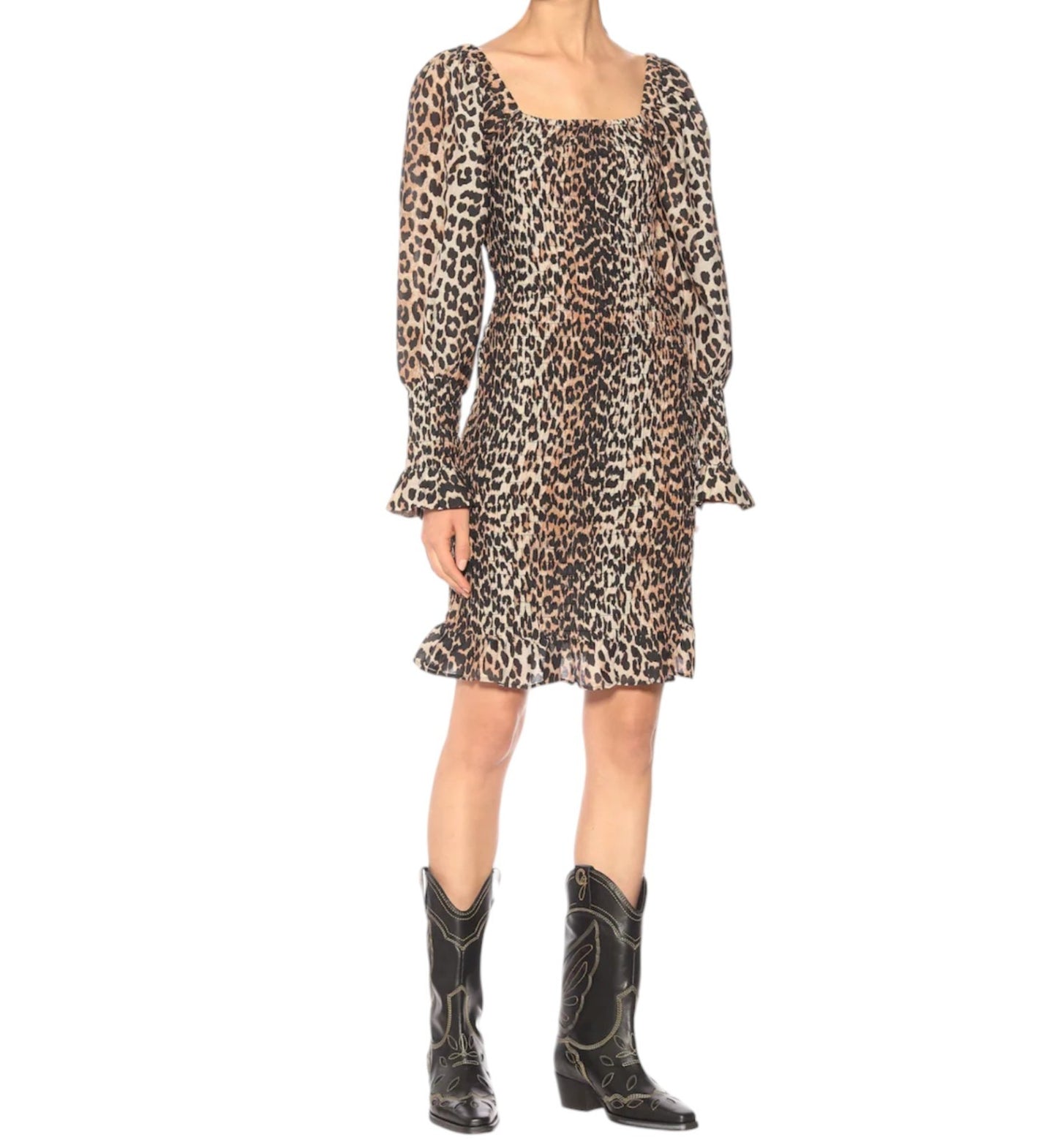 GANNI Leopard Print Mini Dress | Sz 34, Shirred,  Puff Long Sleeves, Silk/Cotton