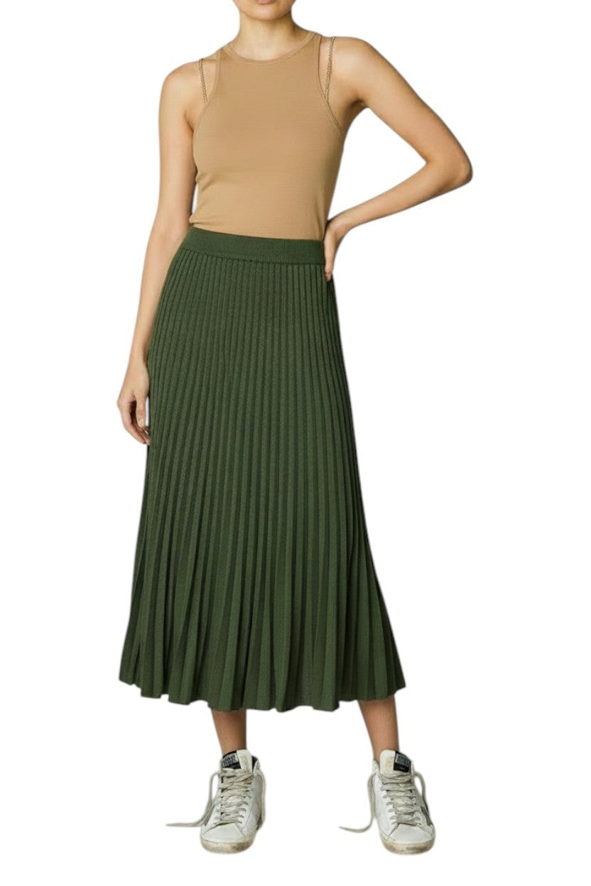 Zimmermann Pleated Rib Midi Skirt | Stretch, Knit, Dark Green, Elasticated Waist