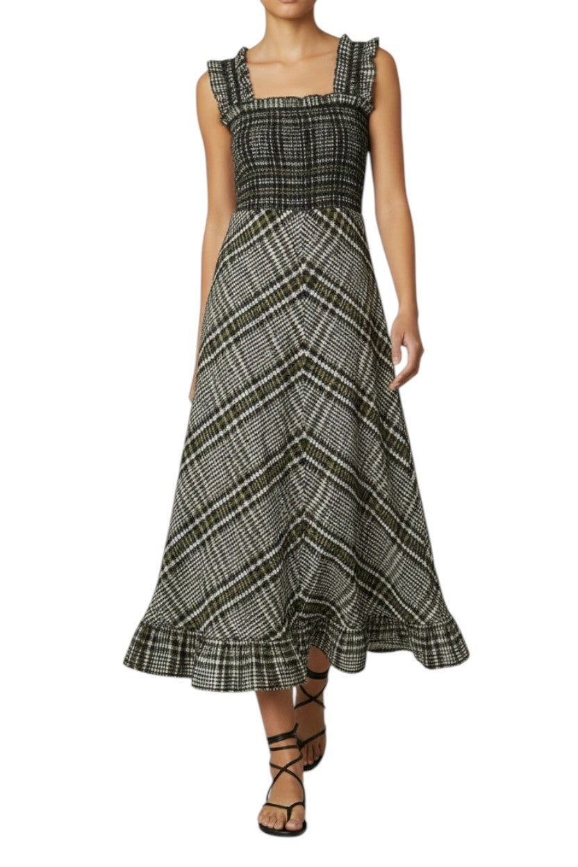 GANNI Seersucker Midi Dress | Sz 38, Gingham/Checkered, Wide Strap, Shirred
