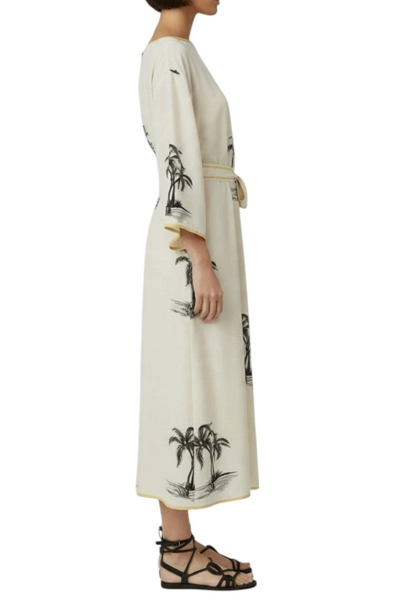 Zimmermann Tunic Midi Dress | Cream/Black Palm Print, Silk, Belt, Kimono, Slip