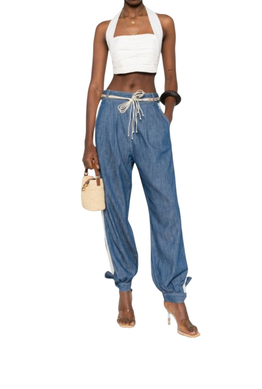 Zimmermann Awaken Denim Harem Pant | Lace Trim, Blue, Elastic Waist, Ankle Tie