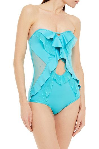 Zimmermann Peggy Cross Frill One Piece Swimsuit | Mesh, Turquoise Aqua  $500RP