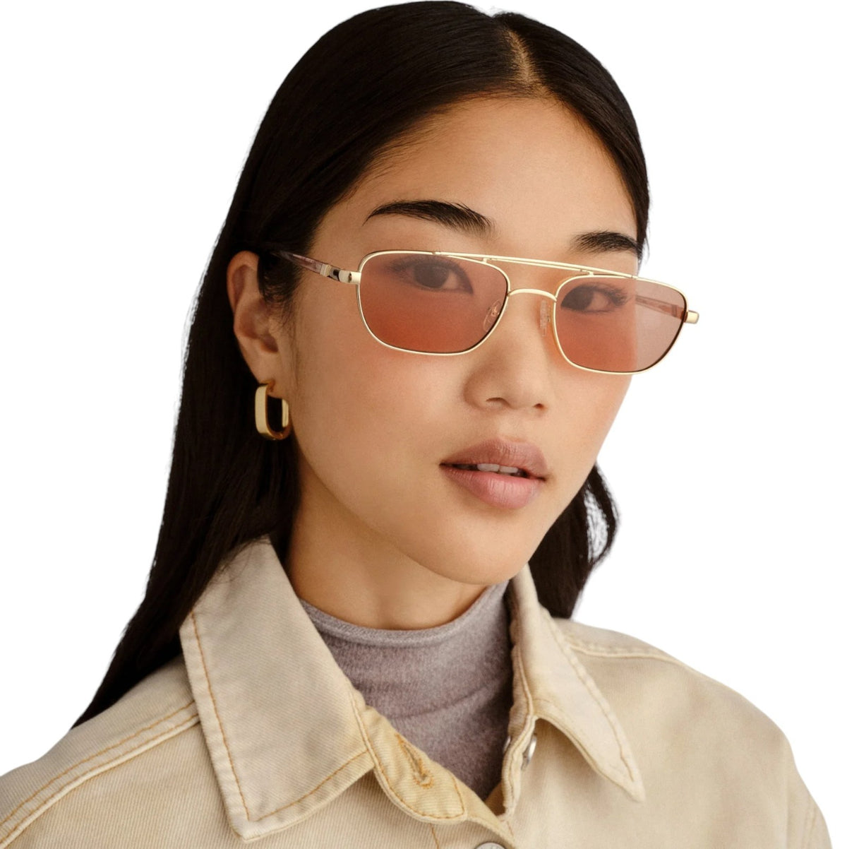 Le Specs Le Mimi Sunglasses | Gold Frame, Cinnamon Tint, Modern Aviator, Metal