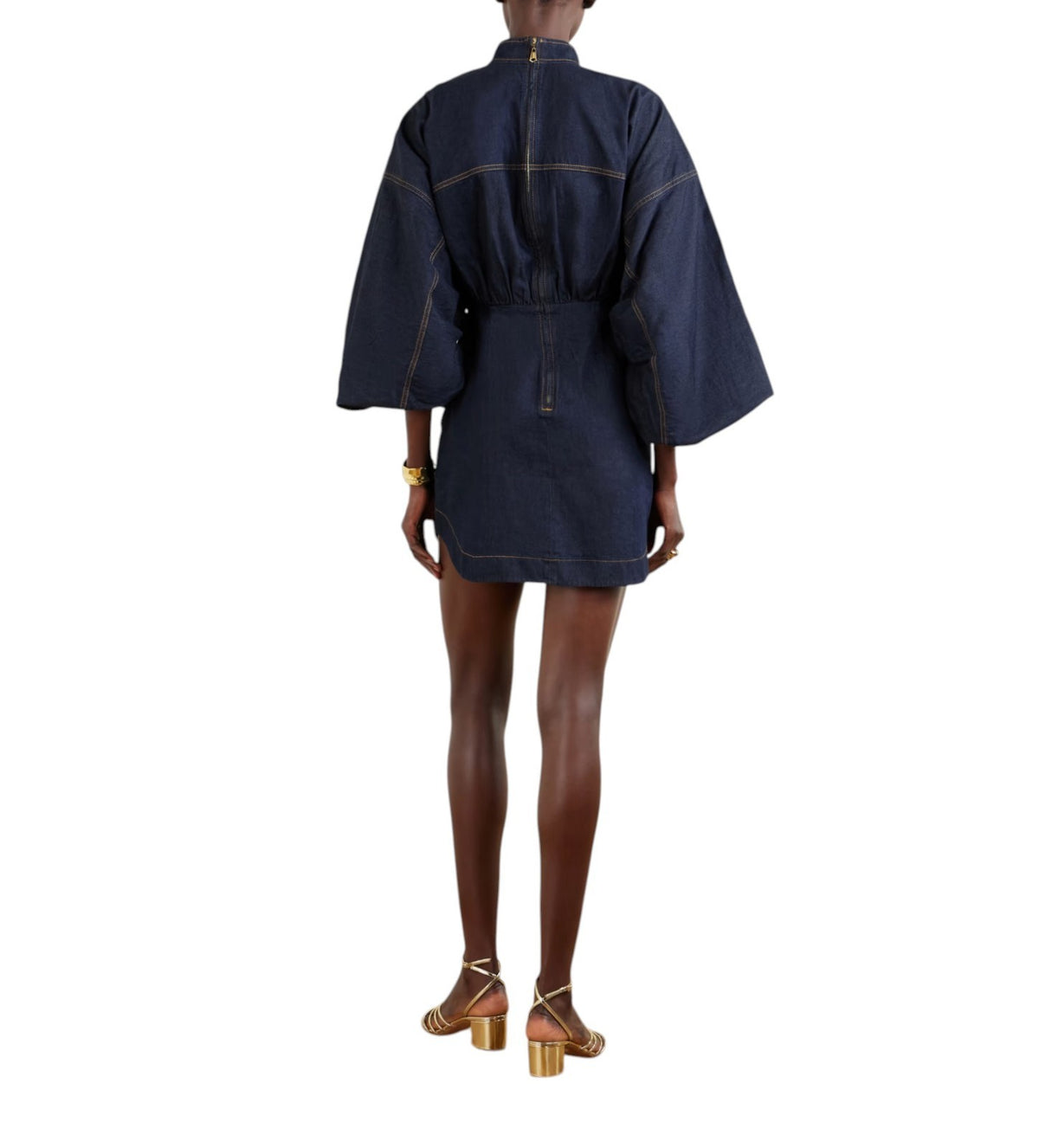 Zimmermann Denim Gathered Mini Dress| Dark Navy Blue, Puff Sleeves, Button Up