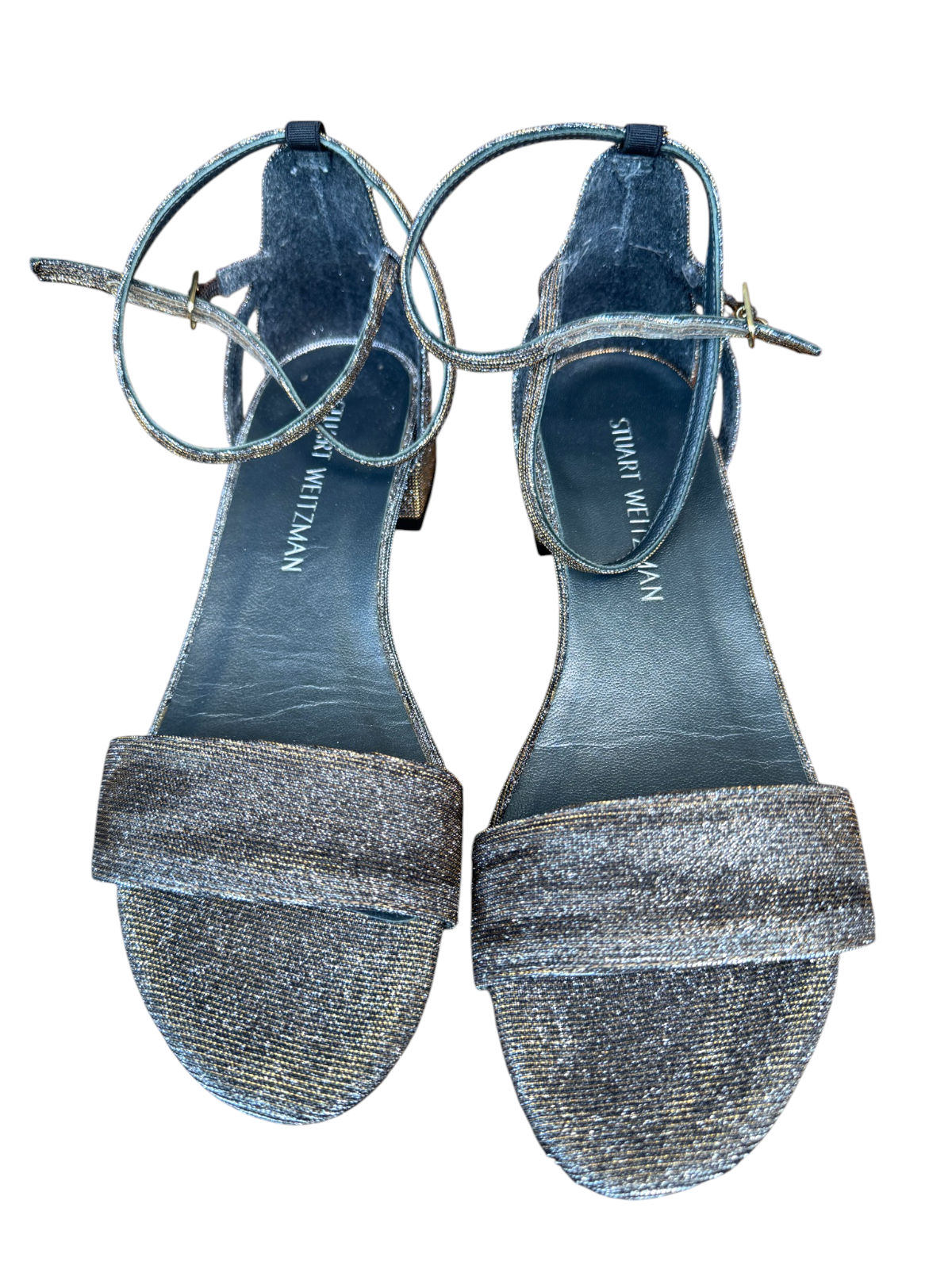 Stuart Weitzman Metallic Gold/Silver Sandal | Low Block Heel, Sz 8, Ankle Strap