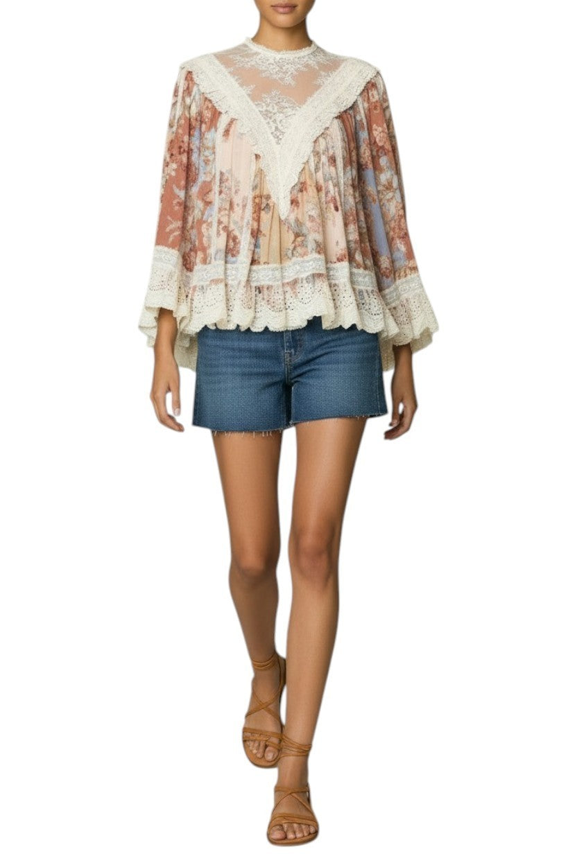 Zimmermann Awaken Lace Trim Blouse | Spliced Floral | Relaxed, Flutter Sleeve