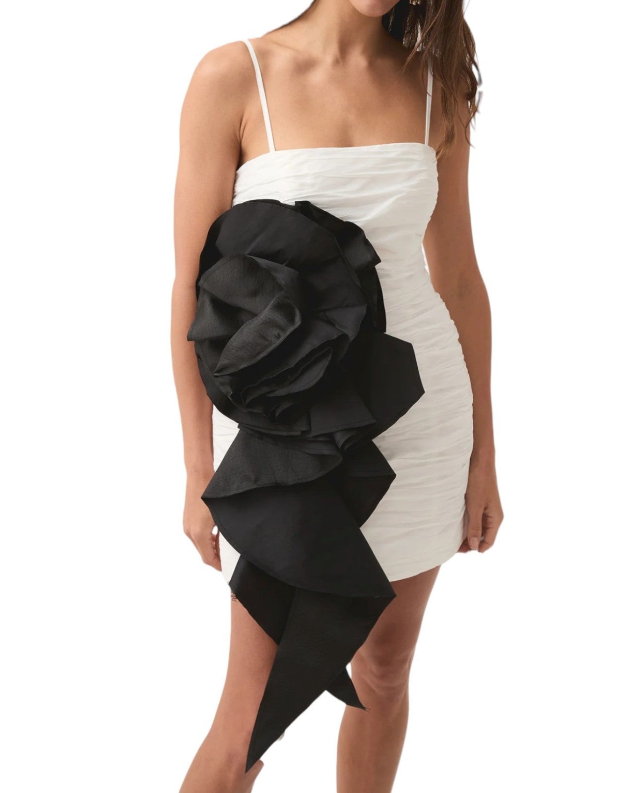 Aje Potion Spiral Mini dress |White/Black Large Flower, Ruched, Removable Straps