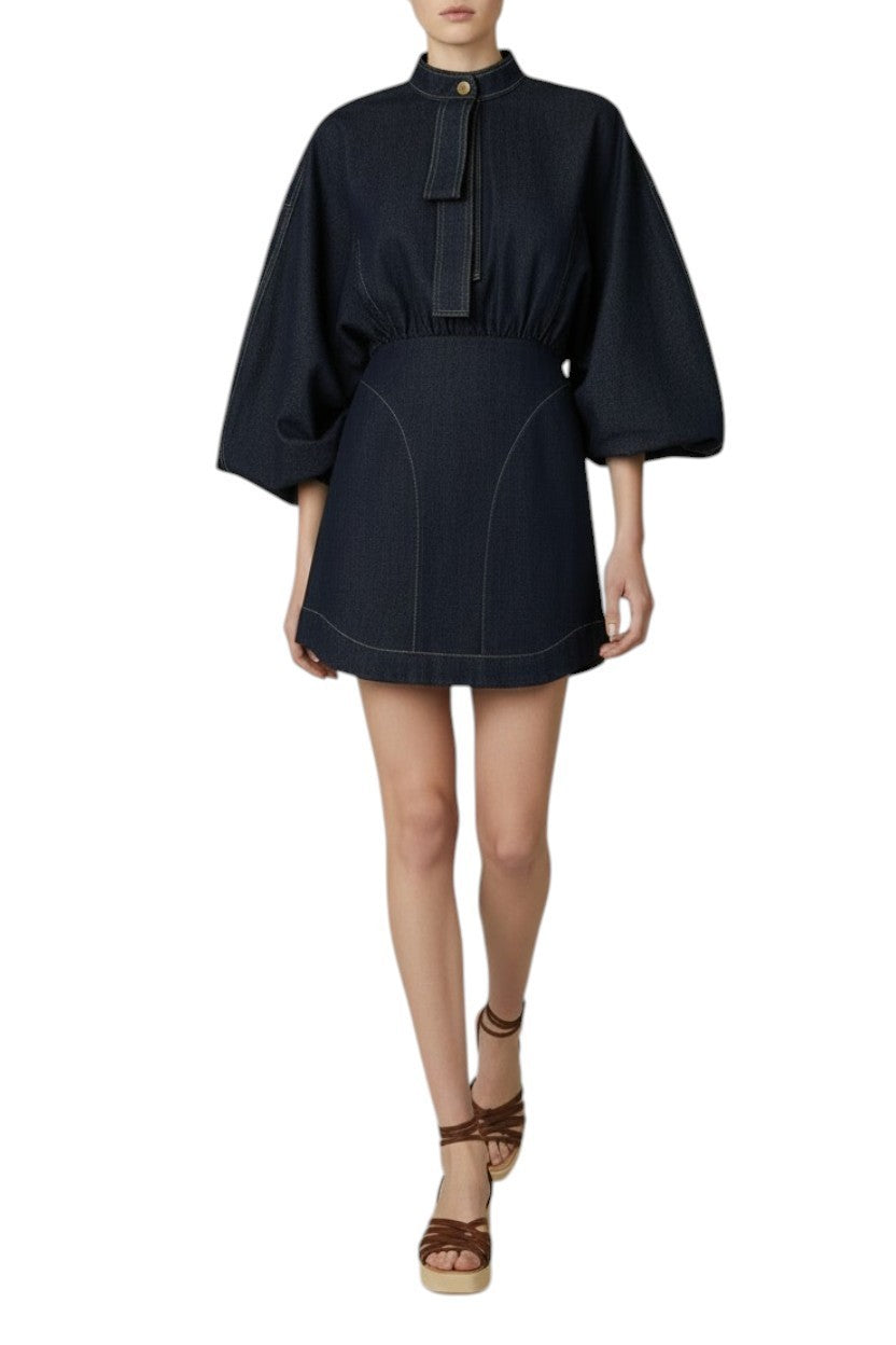 Zimmermann Denim Gathered Mini Dress| Dark Navy Blue, Puff Sleeves, Button Up