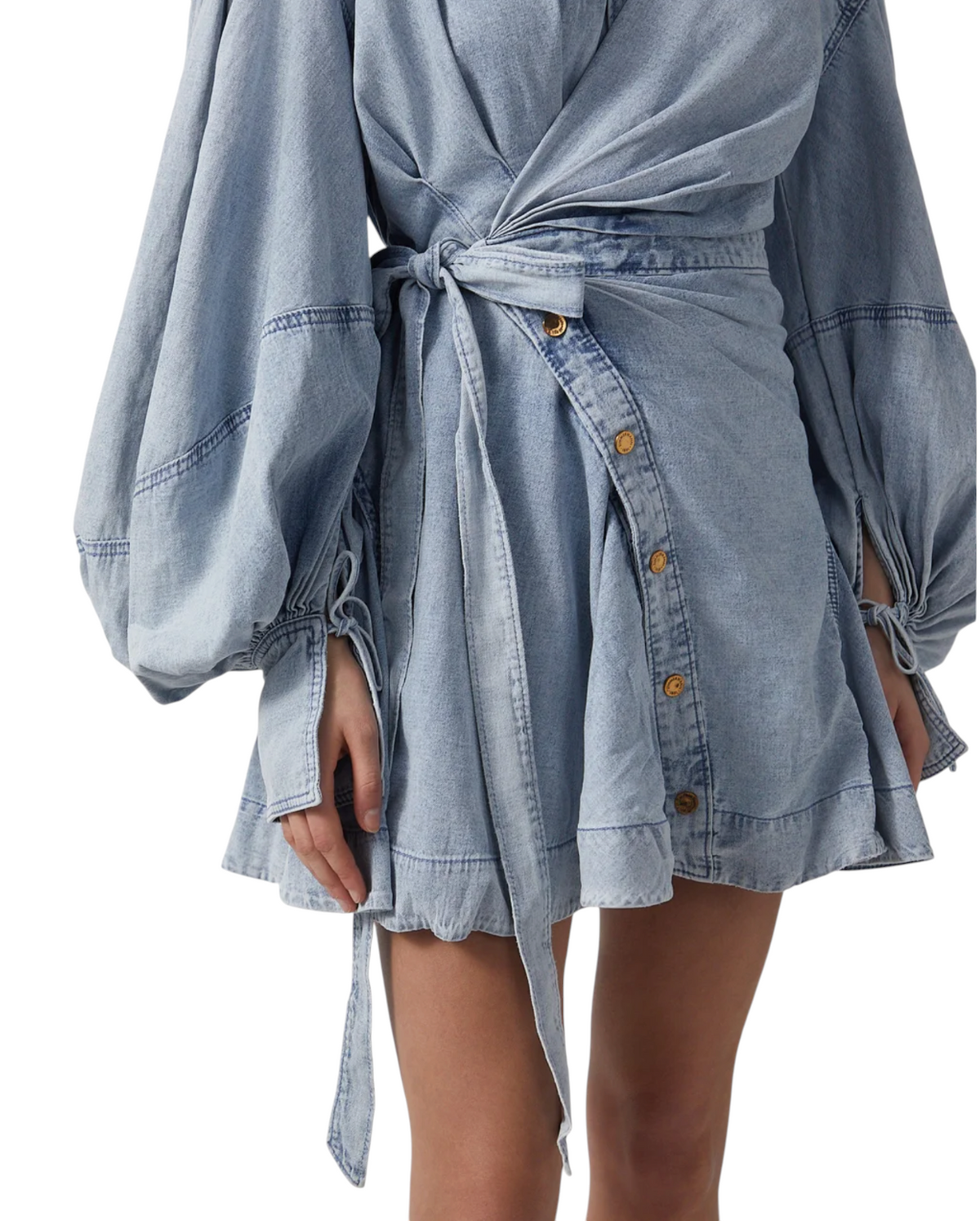 Zimmermann Rebellion Denim Wrap Mini | Light Blue, Puff Sleeves, Collar, Buttons