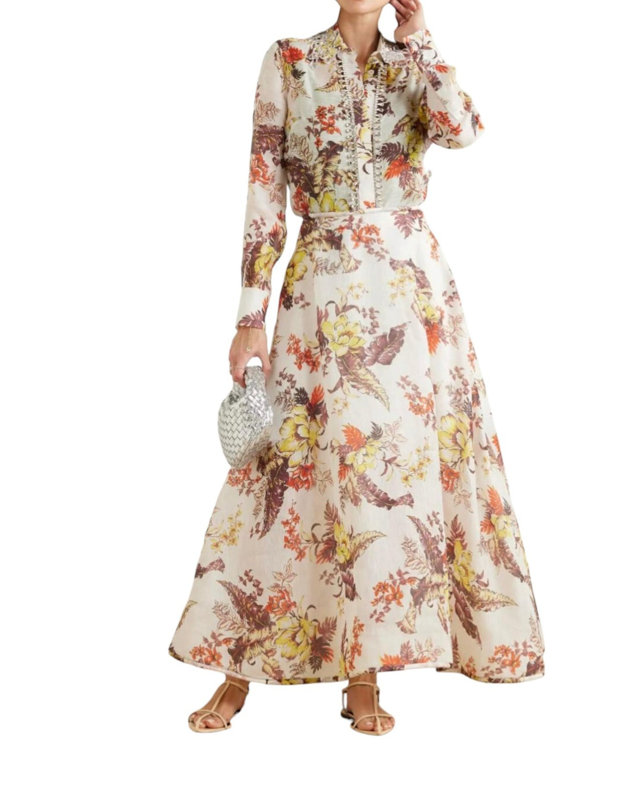 Zimmermann Matchmaker Floral Flare Skirt | White/Brown, Linen/Silk Blend, Midi