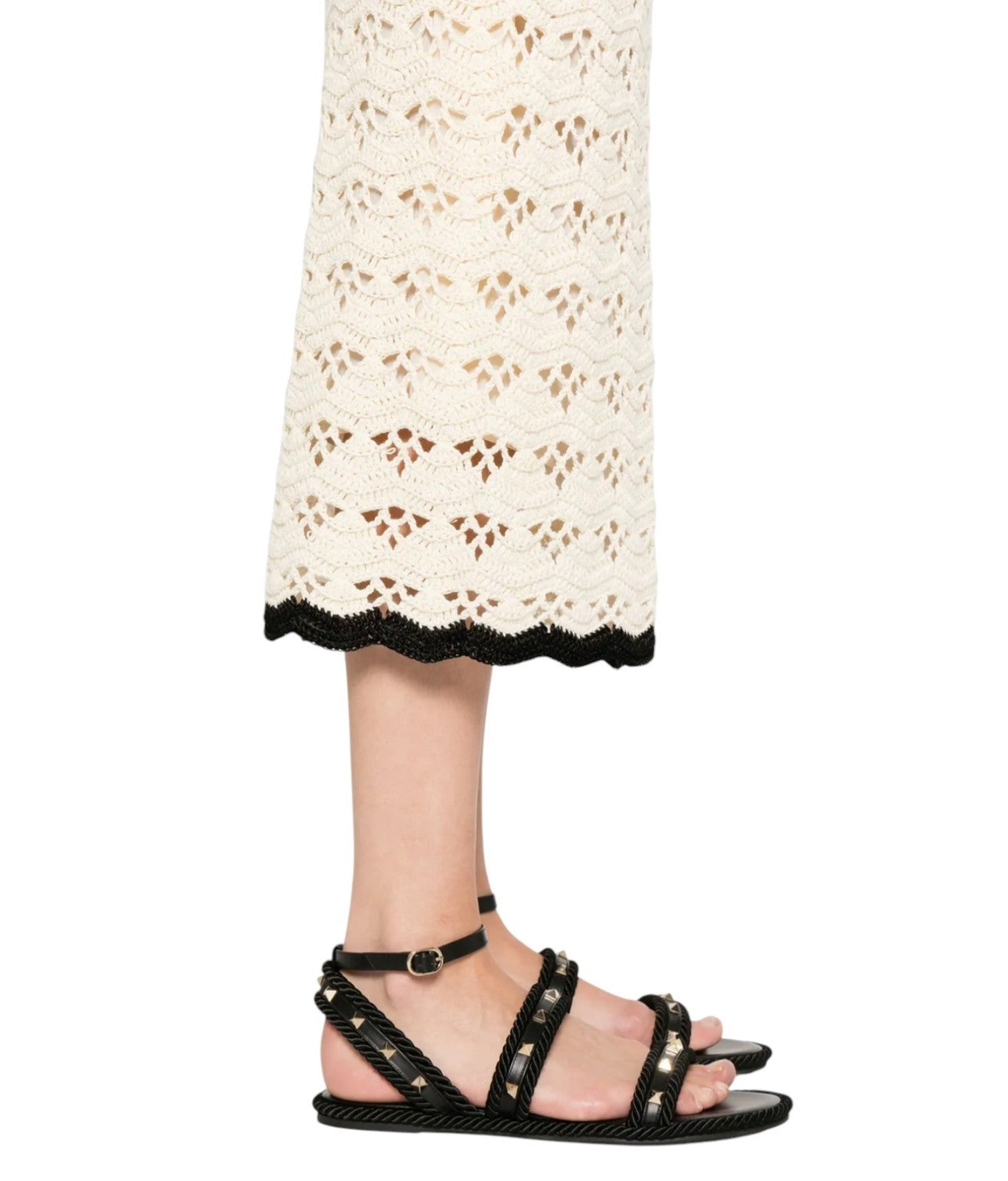 Zimmermann Rhiannon Crochet Midi Skirt |Cream/Black Trim, Stretch, Elastic Waist