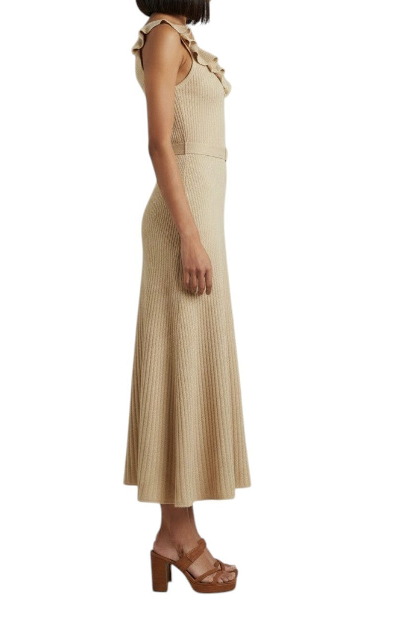 Zimmermann Awaken Metallic Midi Dress| Gold/Beige, Knitted, Midi, Belted, Lurex