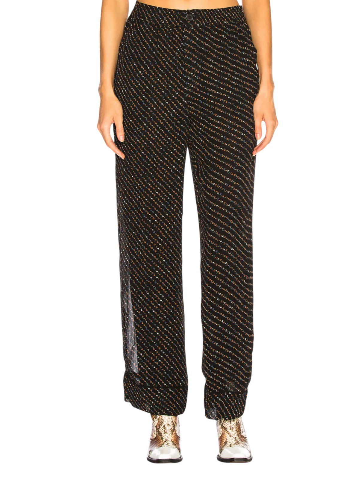 GANNI Black Floral Pants | Sz 36, Georgette, Wide Leg, High Waist, Elastic Waist